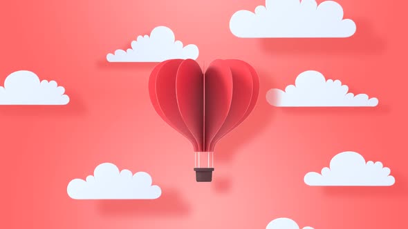Animation Of Pink Color Origami Hot Air Balloon Flying On The Sky Above The Clouds alt