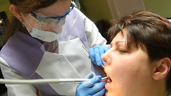 Woman Dentist Working At Her Patients Teeth alt