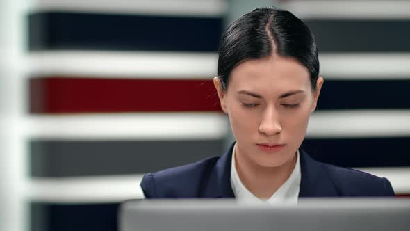 Closeup Asian Business Woman Working Use Laptop at Workplace