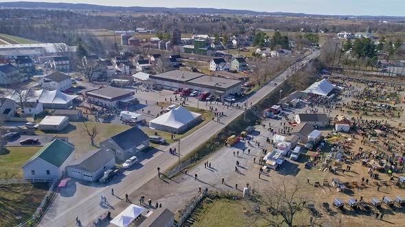 Aerial View of an Amish Mud Sale in Pennsylvania Selling Amish Products