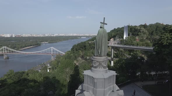 The Architecture of Kyiv. Ukraine: Monument To Volodymyr the Great. Aerial View, Slow Motion, Flat