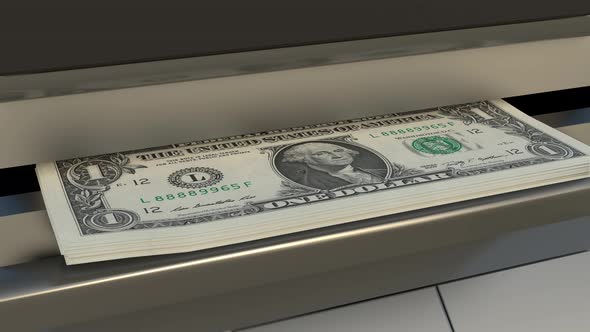 1 US dollar in cash dispenser. Withdrawal of cash from an ATM.