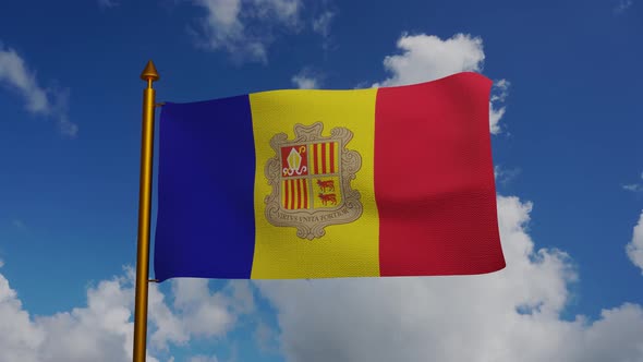 National flag of Andorra waving with flagpole and blue sky timelapse