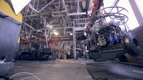 Car Engine In Modern Plant, Industrial Factory Inside.