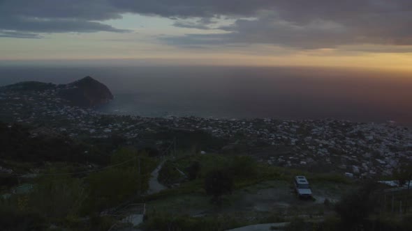 Panoramic View of Ischia Town in The Evening Sunset Landscape