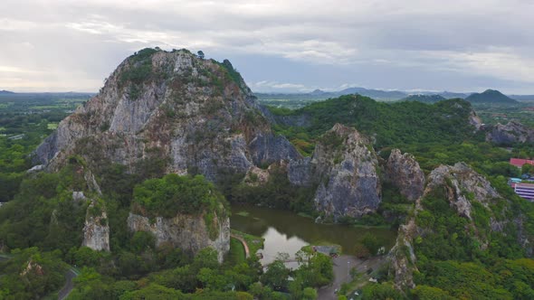 Aerial view of Khao Ngu Stone. National park with river lake, mountain valley hills