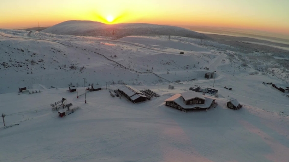 Flying Over The Ski Centre Area At Sunset