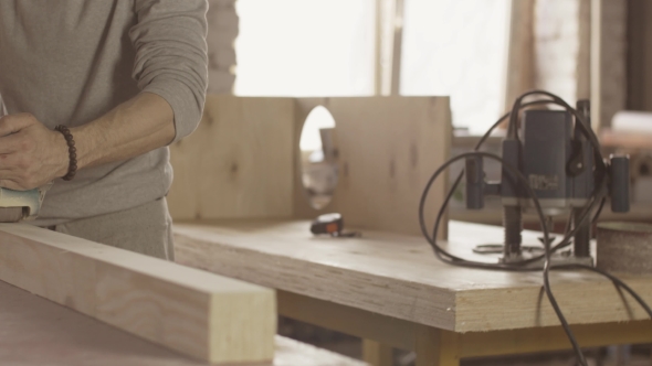 Joiner Process Long Wooden Board By Belt Sander