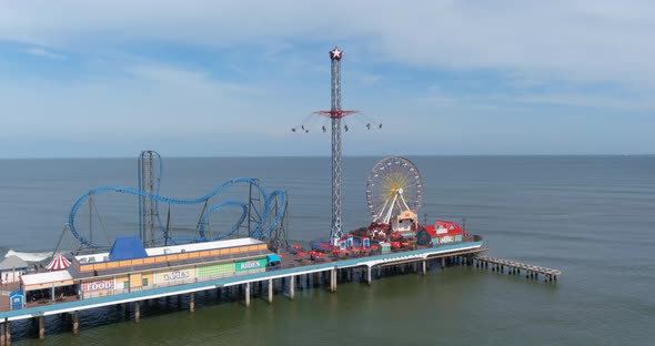 Aerial view of Pier off the coastal area of Galveston Island Texas