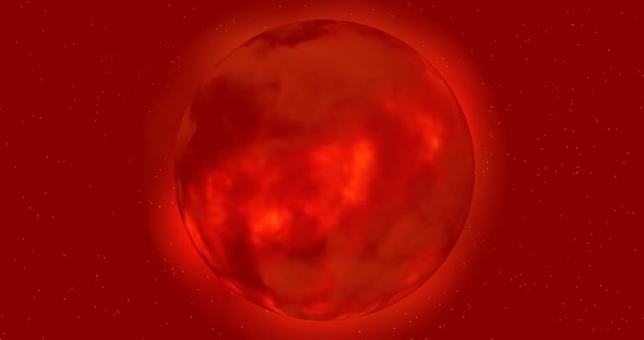 A burning red planet in space.