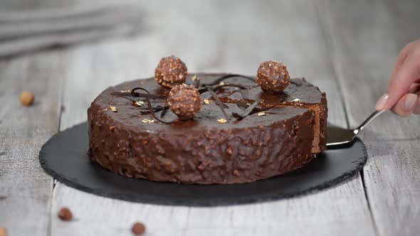 French mousse cake with with chocolate glaze. Modern european cake pastry.	