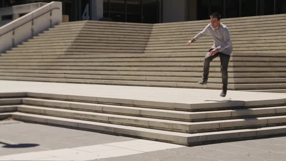 Caucasian man practicing parkour