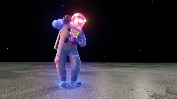 Dancing Astronaut In Moon Surface With Colorfull Particles Hd alt