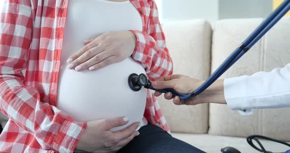 Nurse Examines Belly of Pregnant Woman Indoors Closeup