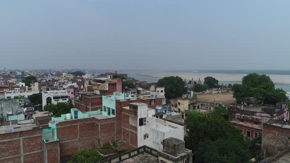 City of Varanasi or Benares in Uttar Pradesh in India seen from the sky