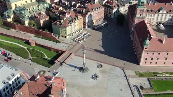 Aerial view of the Sigismund's Column statue on Castle Square in Warsaw, Poland