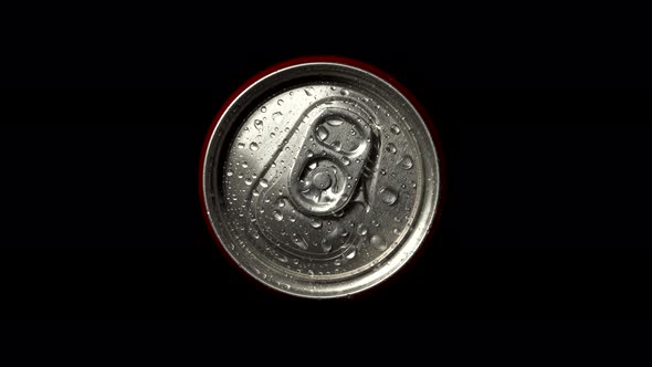 Red Can Rotate on Black Background. Top Down View of Metal Can Unopened. Bottle in Small Drops of