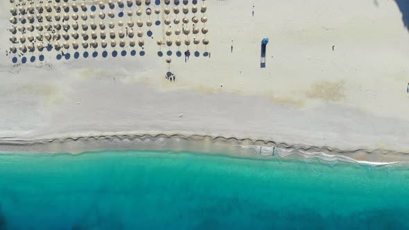 Top Down View Beautiful Sandy Beach in Ionian Sea, Greece