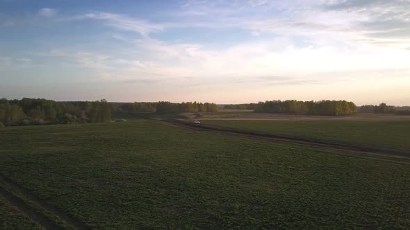 Car Drives Along Road Crossing Field Edge Against Forest