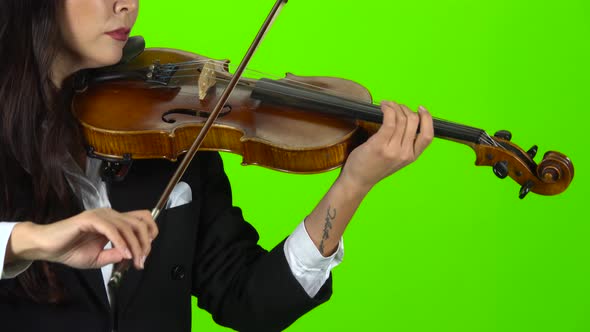 Girl Fingering the Strings Playing on a Violin. Close Up. Green Screen