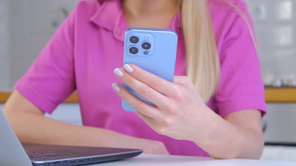White girl using modern smartphone for communication and entertainment online in 4k video
