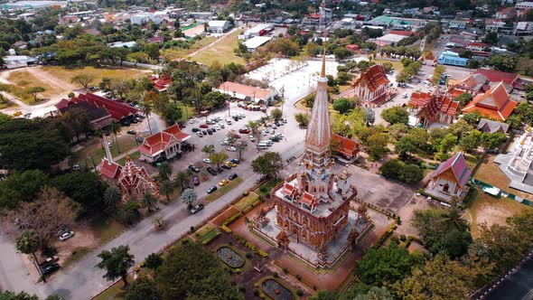 UHD Drone View Moves Around Wat Chalong Buddhist Temple Phuket Thailand