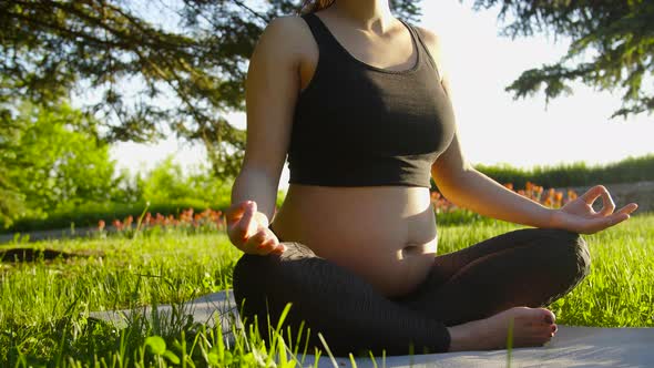 Maternity and Pregnancy Concept. Young Pregnant Woman Sitting on the Grass Doing Fitness or Yoga