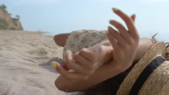 Playful Girl Rolling Sand Beach Close Up