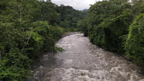 Low flying 4k aerial footage of a brown river flowing between by rainforest dominated riverbanks. Ri