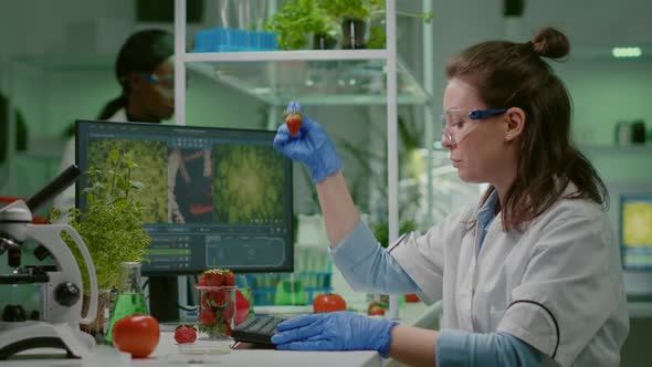 Scientist Chemist Checking Strawberry Using Medical Tweezers