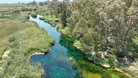 Aerial view of drone 'Azmak' river in the 'Akyaka' town - Gokova / Mugla - TURKEY