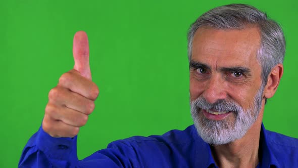 Old Senior Man Shows Thumb Up on Agreement - Green Screen - Studio - Closeup