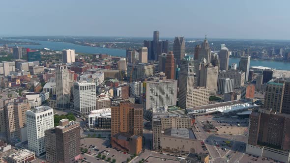 High angle aerial shot of downtown Detroit. This video was filmed in 4k for best image quality.