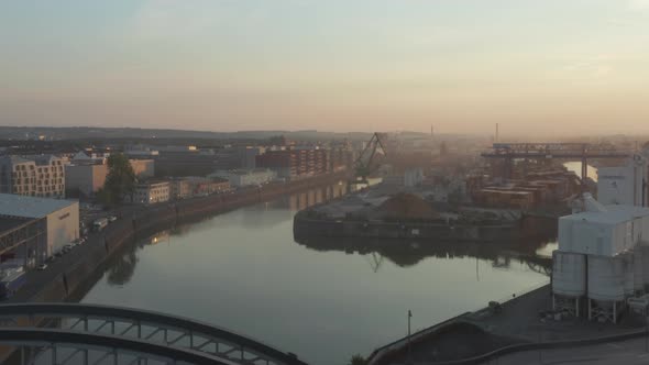 Cargo Port Area on River in Early Morning Haze, No Traffic in Frankfurt Am Main, Germany