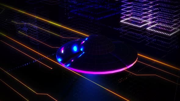 Top View Of UFO Object Gliding Over Road In The Colorful Neon Virtual City alt