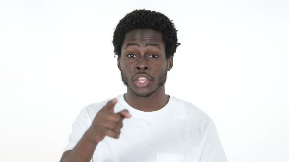 African Man Inviting Customers with Both Hands, White Background