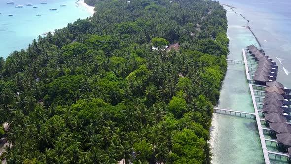 Copy space travel of marine resort beach voyage by lagoon and sand background near waves