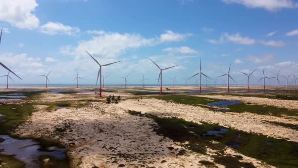 Wind turbines field at Lencois Maranhenses Maranhao Brazil.
