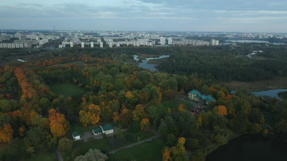 Flight over the autumn park. Trees with yellow autumn leaves are visible. Aerial photography.