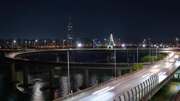 Seoul City Night Intersection Traffic