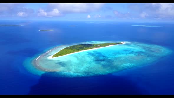 Aerial drone view texture of tropical bay beach voyage by transparent lagoon with white sandy backgr