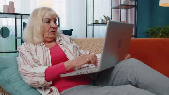 Stressed Upset Senior Grandmother Woman Working on Laptop Computer Received Bad Loss News at Home