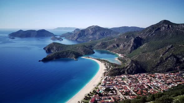 Amazing beautiful panoramic view from drone of Oludeniz Blue lagoon beach in Fethiye in Mugla