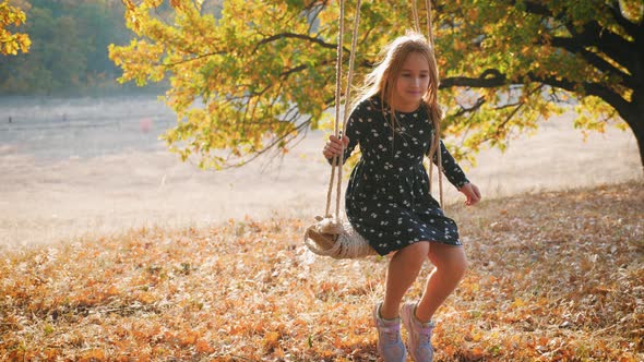 Happy Child Girl on Swing at Golden Sunset, The Concept of Childhood Dreams