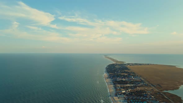 Aerial Drone Shot Narrow Long Island in Azov Sea with Long Sandy Beaches