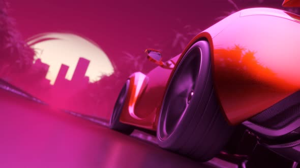 Synthwave style sport car driving towards the city High speed automotive concept