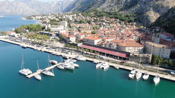 Aerial view of Kotor old town, Montenegro, the coast of Kotor Bay, Adriatic sea