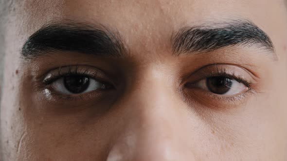 Extreme Facial Close Up Young Hispanic Male Eyes Arab Man with Brown Eyeballs Blinking Looking at