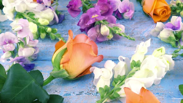 Colorful summer garden flowers: dragon flowers, roses, sweet pea