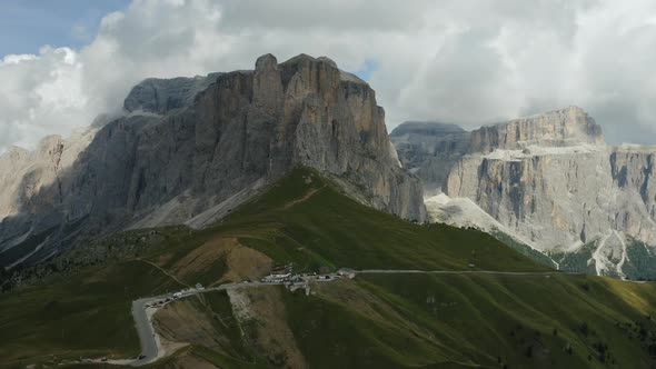 Aerial View Passo Gardena in the Dolomites Italian Alps